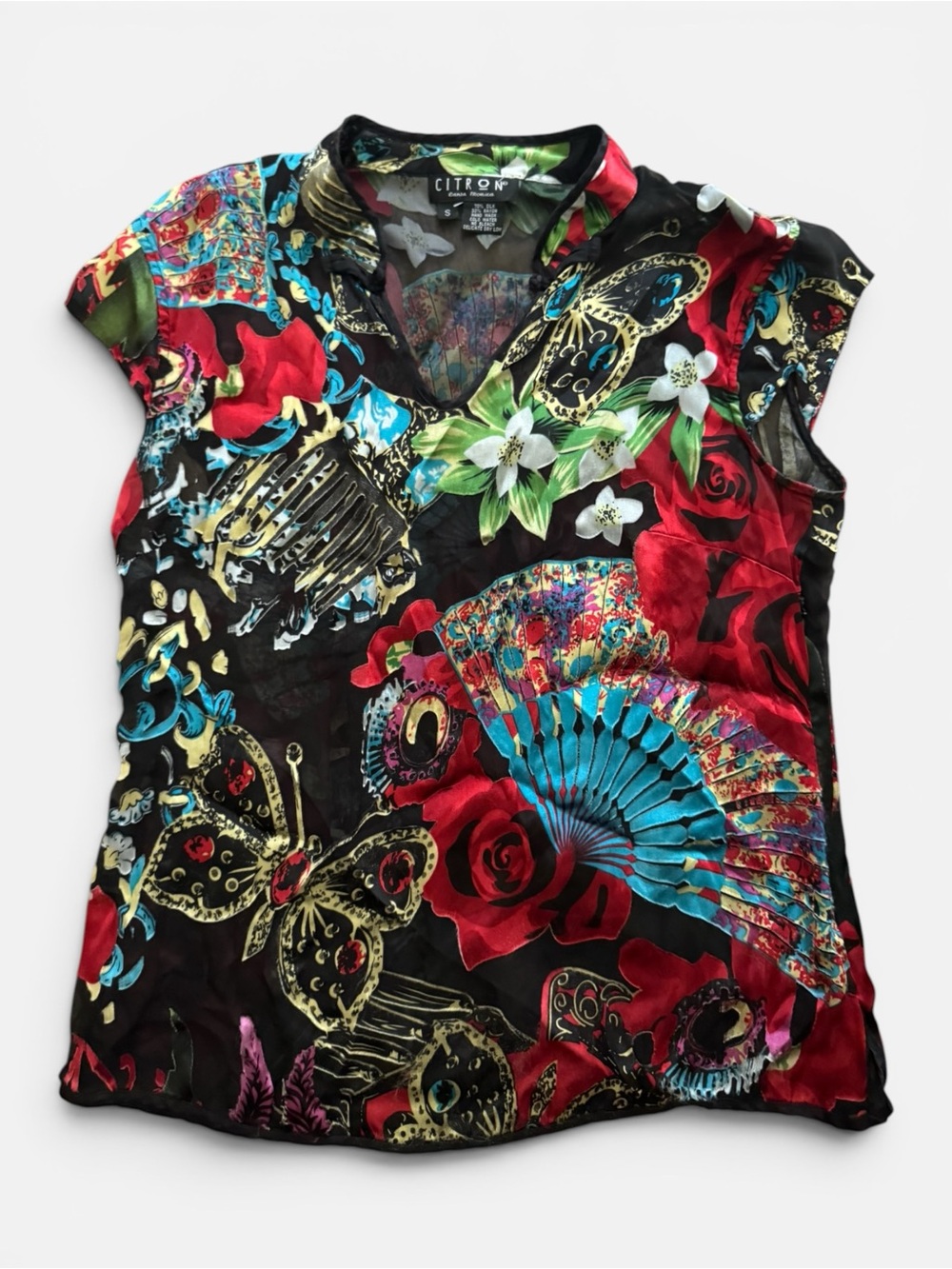 Citron Multicolor Floral & Fan Print Cap Sleeve Top - Black/Red/Turquoise